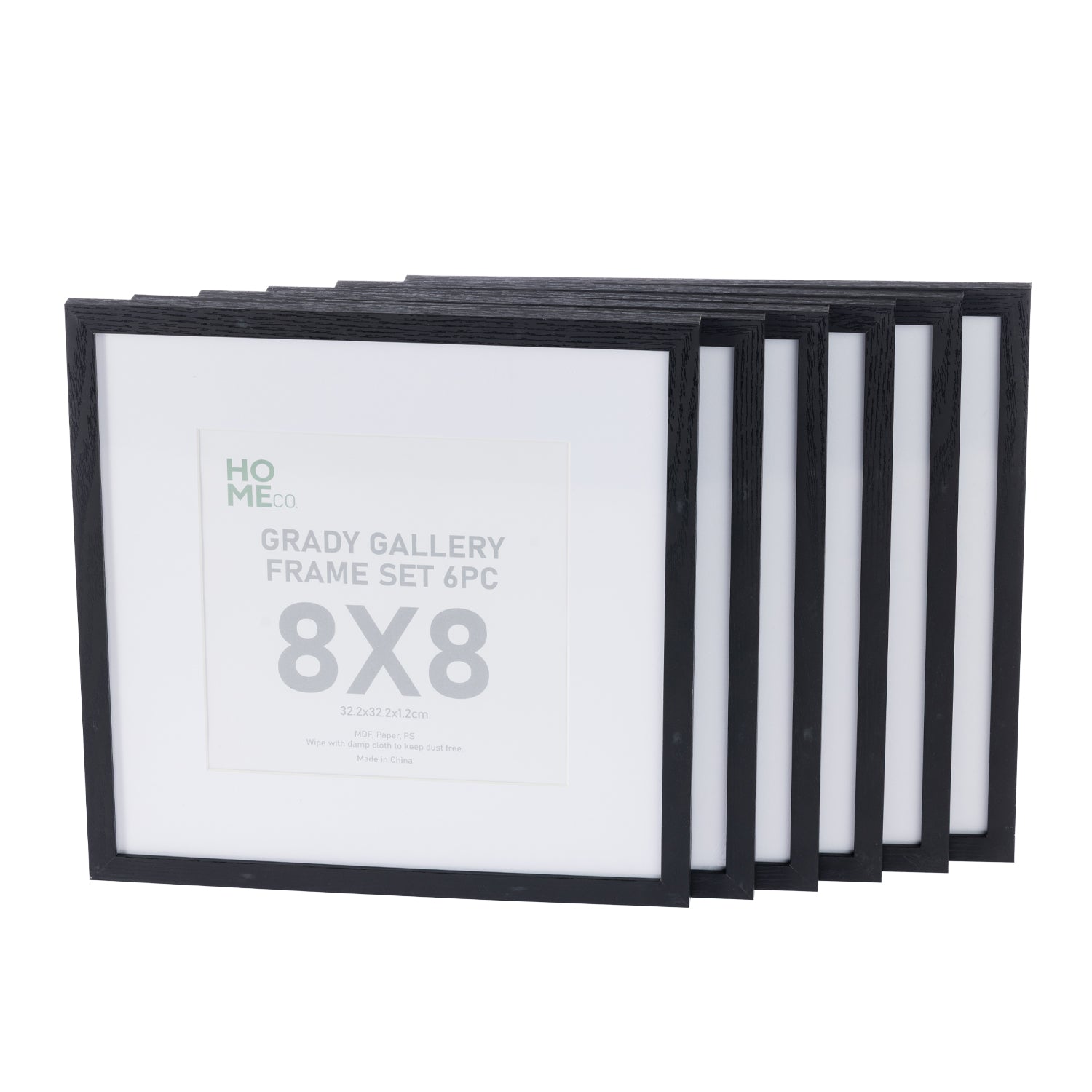 A set of six black 8×8-inch gallery picture frames is stacked in a staggered arrangement against a plain light background, with the front frame displaying its product label.