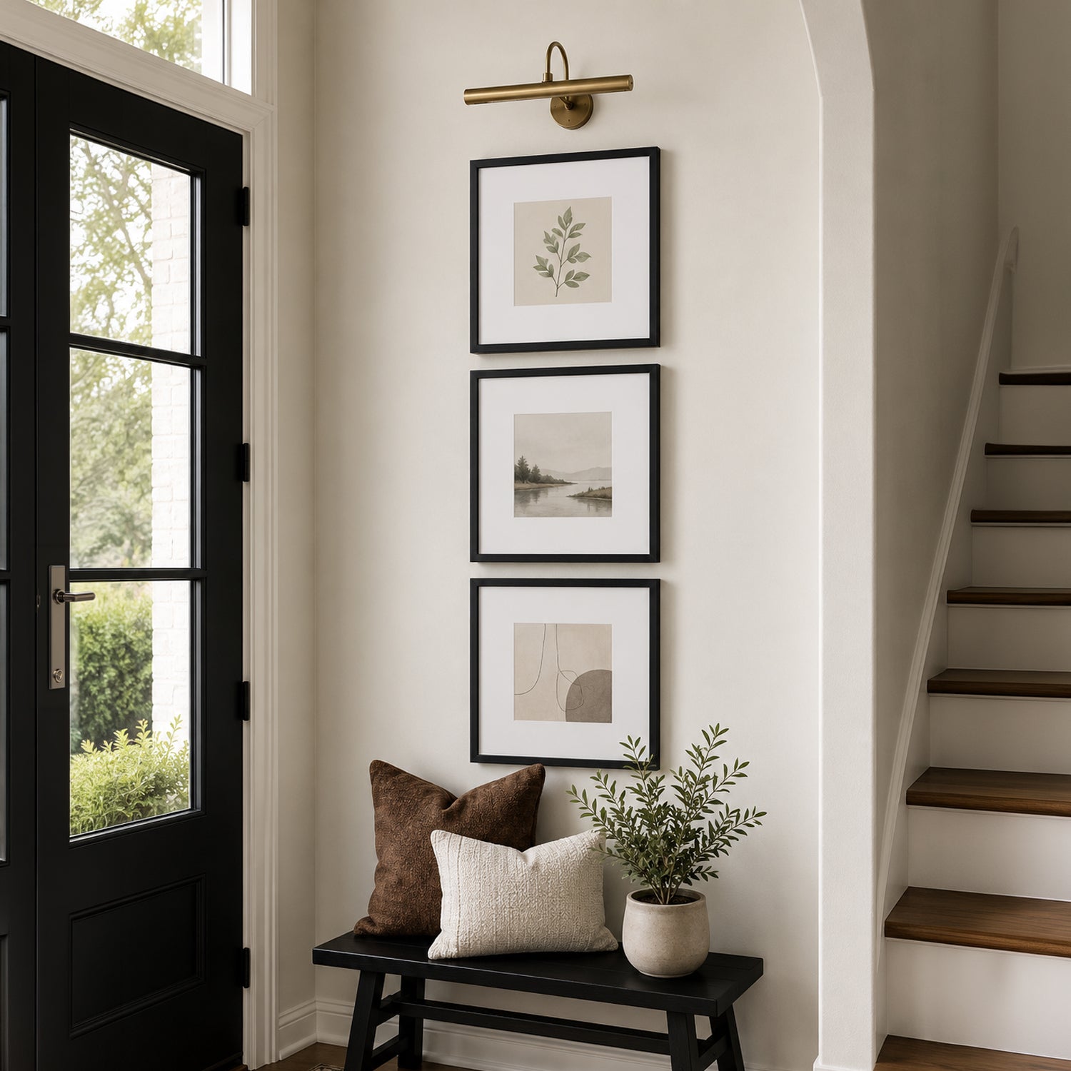 A bright, modern entryway features a black bench with decorative pillows and a potted plant beneath three vertically stacked black-framed artworks, accented by a brass picture light and a staircase nearby.