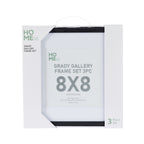 A boxed set of three 8×8-inch black gallery picture frames is shown in white retail packaging against a plain light background.