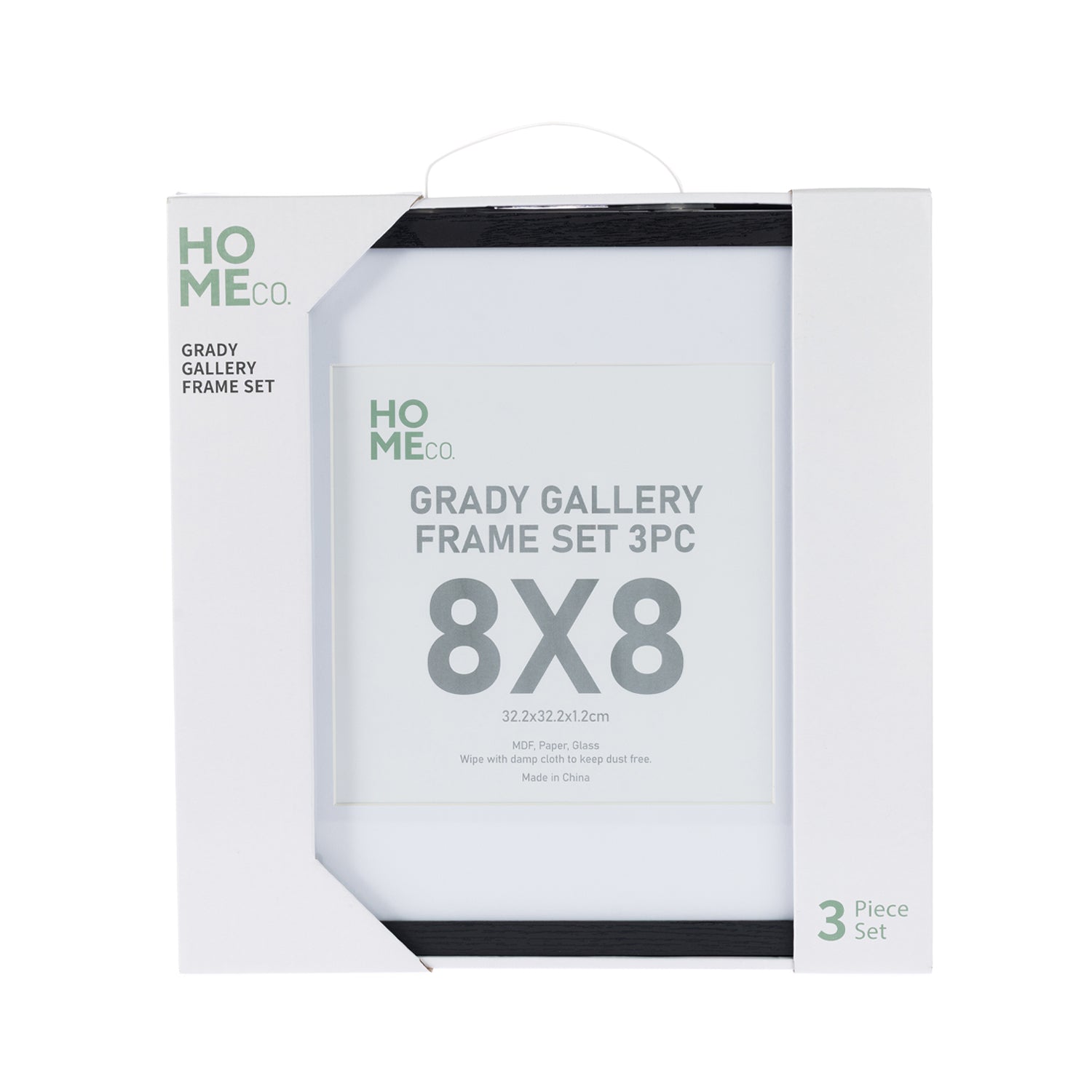 A boxed set of three 8×8-inch black gallery picture frames is shown in white retail packaging against a plain light background.