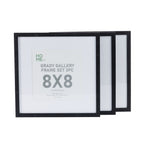 A set of three black 8×8-inch gallery-style picture frames is displayed overlapping against a plain light background.