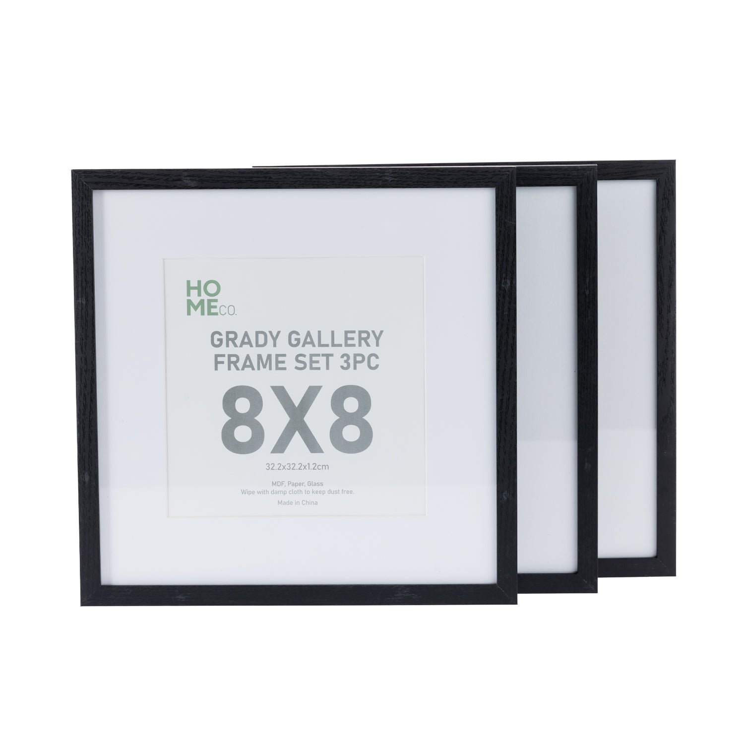 A set of three black 8×8-inch gallery-style picture frames is displayed overlapping against a plain light background.