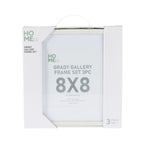 A packaged set of three 8×8-inch white gallery picture frames is displayed in a white retail box with a carrying handle and product labeling.