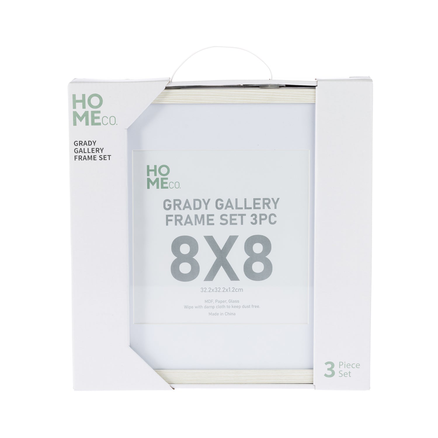 A packaged set of three 8×8-inch white gallery picture frames is displayed in a white retail box with a carrying handle and product labeling.