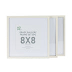 A set of three white 8×8-inch gallery-style picture frames is displayed overlapping against a plain light background, with the front frame showing a product insert.