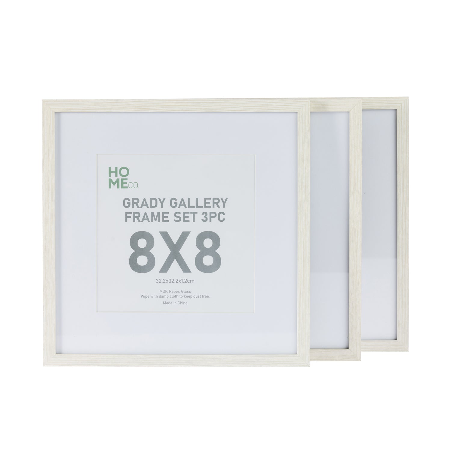 A set of three white 8×8-inch gallery-style picture frames is displayed overlapping against a plain light background, with the front frame showing a product insert.