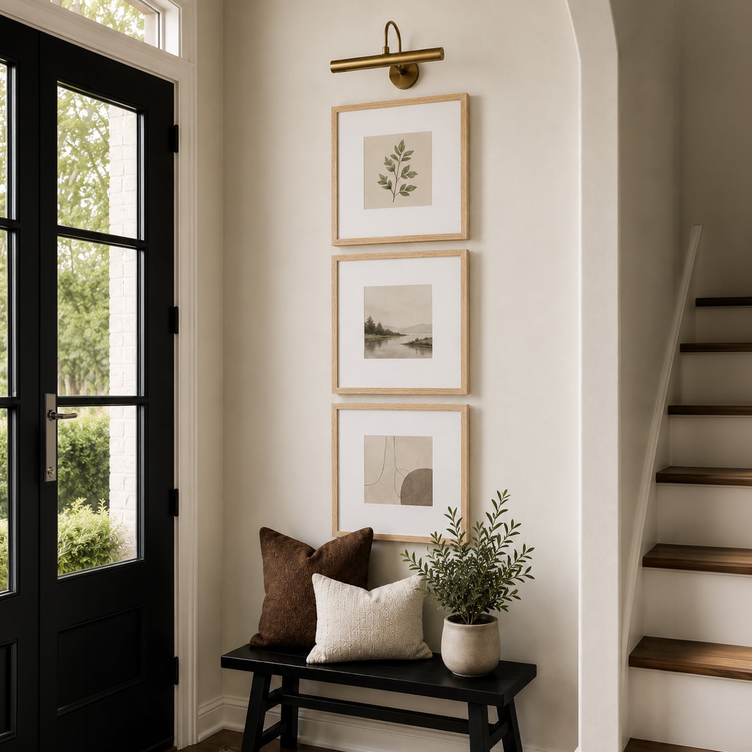 A bright, modern entryway features three vertically stacked framed artworks above a black bench with decorative pillows and a potted plant, illuminated by a brass picture light beside a staircase.