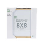 A packaged set of three 8×8-inch natural gallery picture frames is displayed in a white retail box with a carrying handle and product labeling.