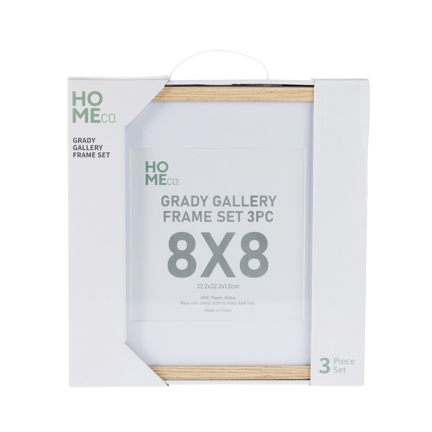 A packaged set of three 8×8-inch natural gallery picture frames is displayed in a white retail box with a carrying handle and product labeling.