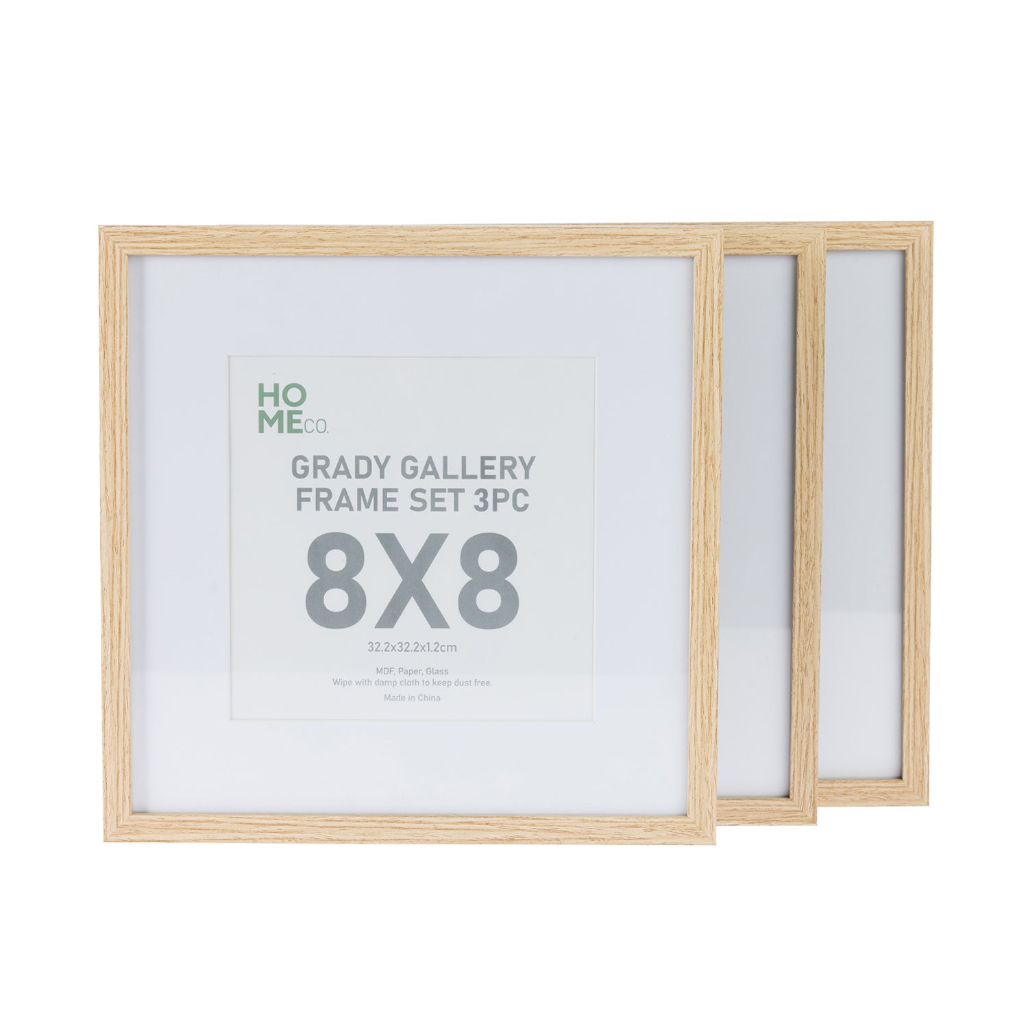 A set of three natural 8×8-inch gallery-style picture frames is displayed overlapping against a plain light background, with the front frame showing a product insert.