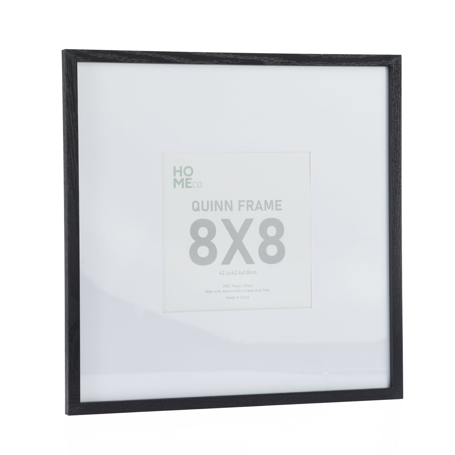 A black woodgrain 8×8-inch square photo frame with a wide white mat is displayed against a plain light background, highlighting its clean, contemporary design.