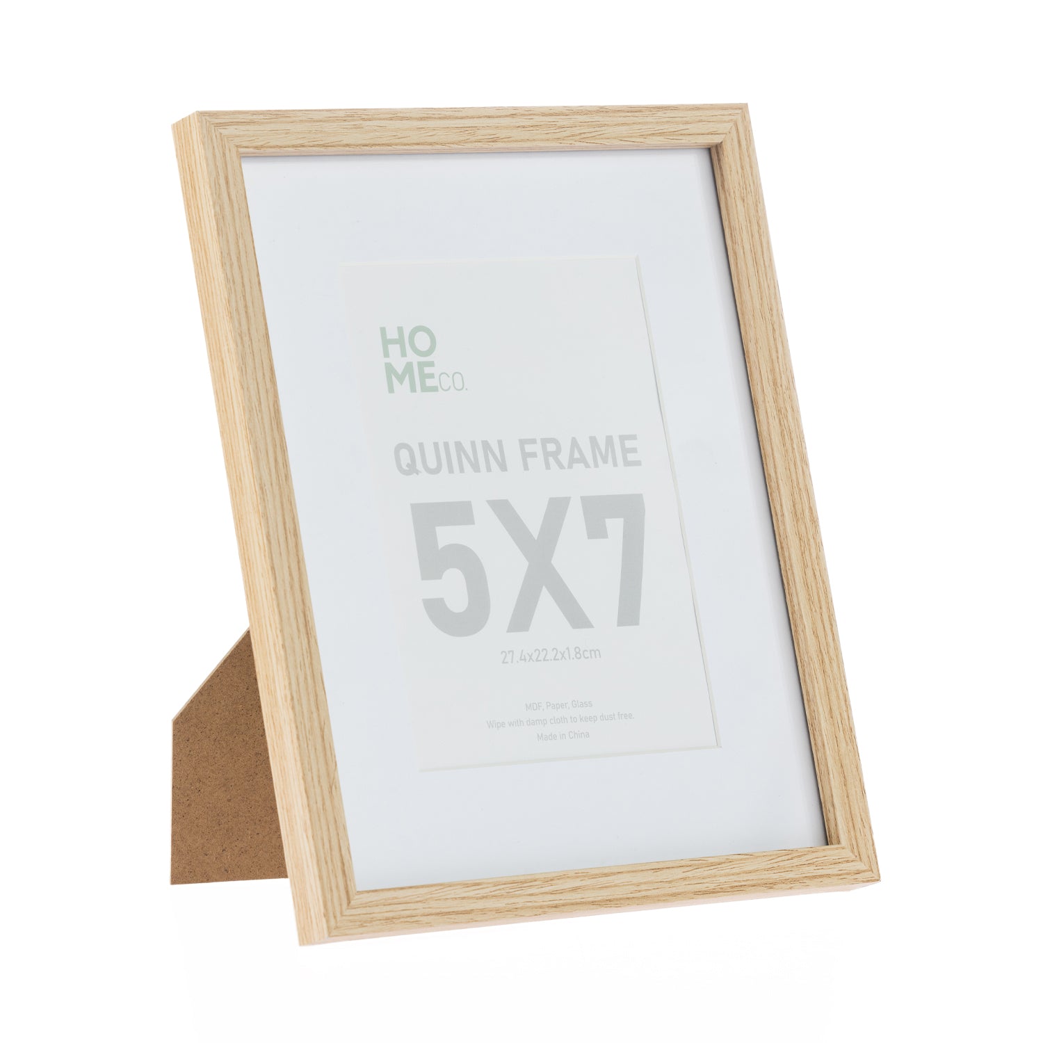 A natural wood-look 5 × 7 photo frame with a wide white mat and subtle timber grain finish provides a timeless way to display your favourite photographs or prints.