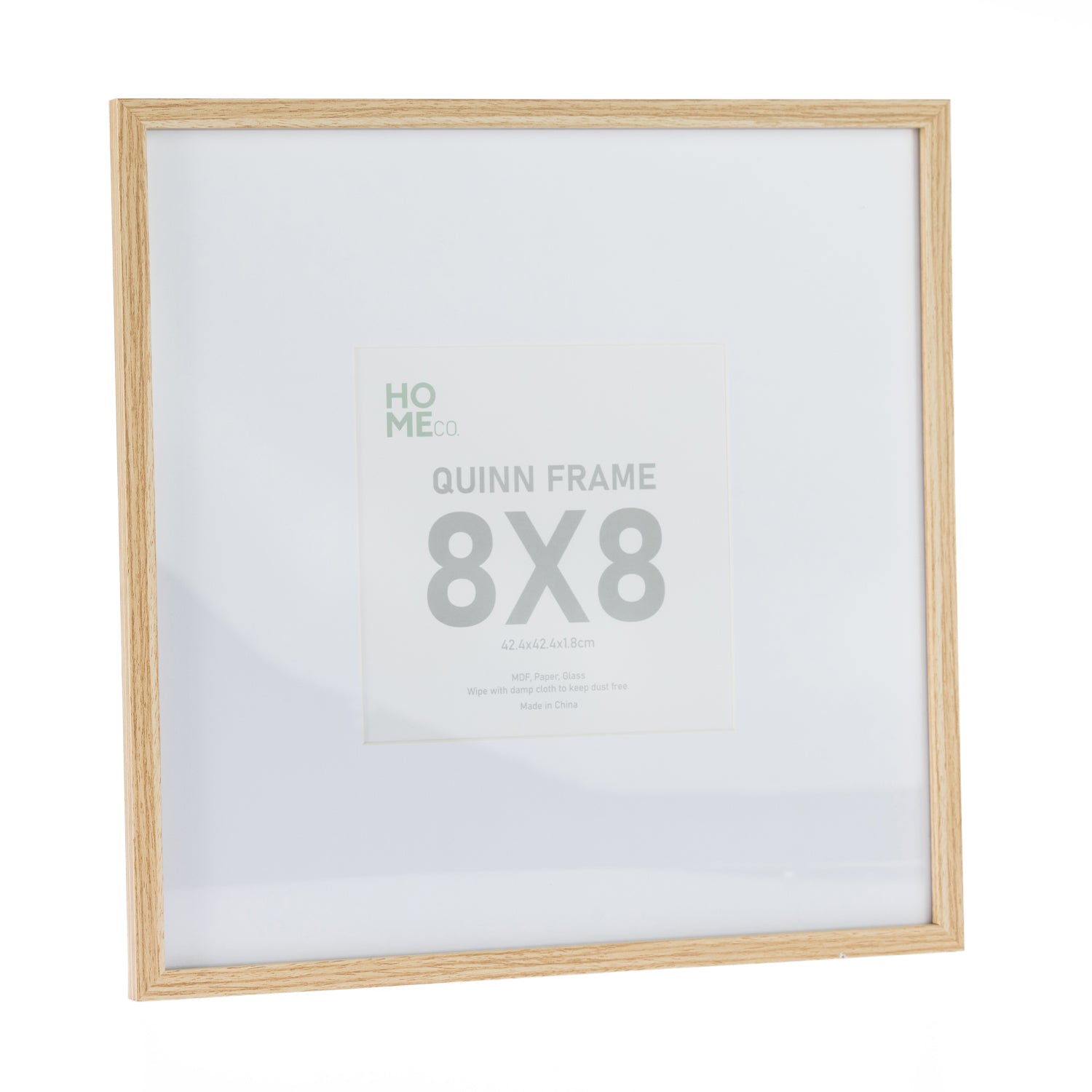A natural wood-look 8 × 8 square photo frame with a wide white mat and subtle timber grain finish provides a timeless way to display your favourite photographs or artwork.