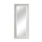 White Mayfair Bevelled Leaner Mirror on a plain background, showcasing the full-length rectangular design, bevelled mirror glass, and intricately detailed decorative frame.
