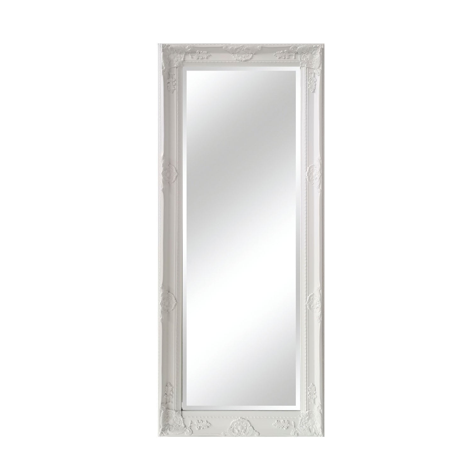 White Mayfair Bevelled Leaner Mirror on a plain background, showcasing the full-length rectangular design, bevelled mirror glass, and intricately detailed decorative frame.