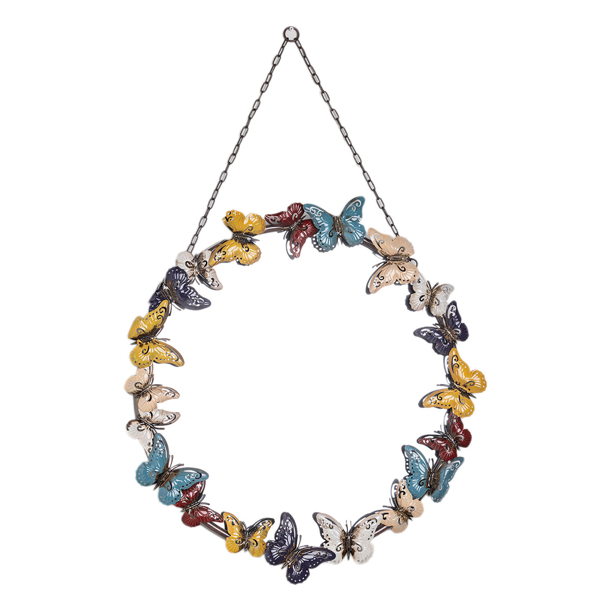Round wall mirror surrounded by multicoloured decorative butterflies with a metal hanging chain.