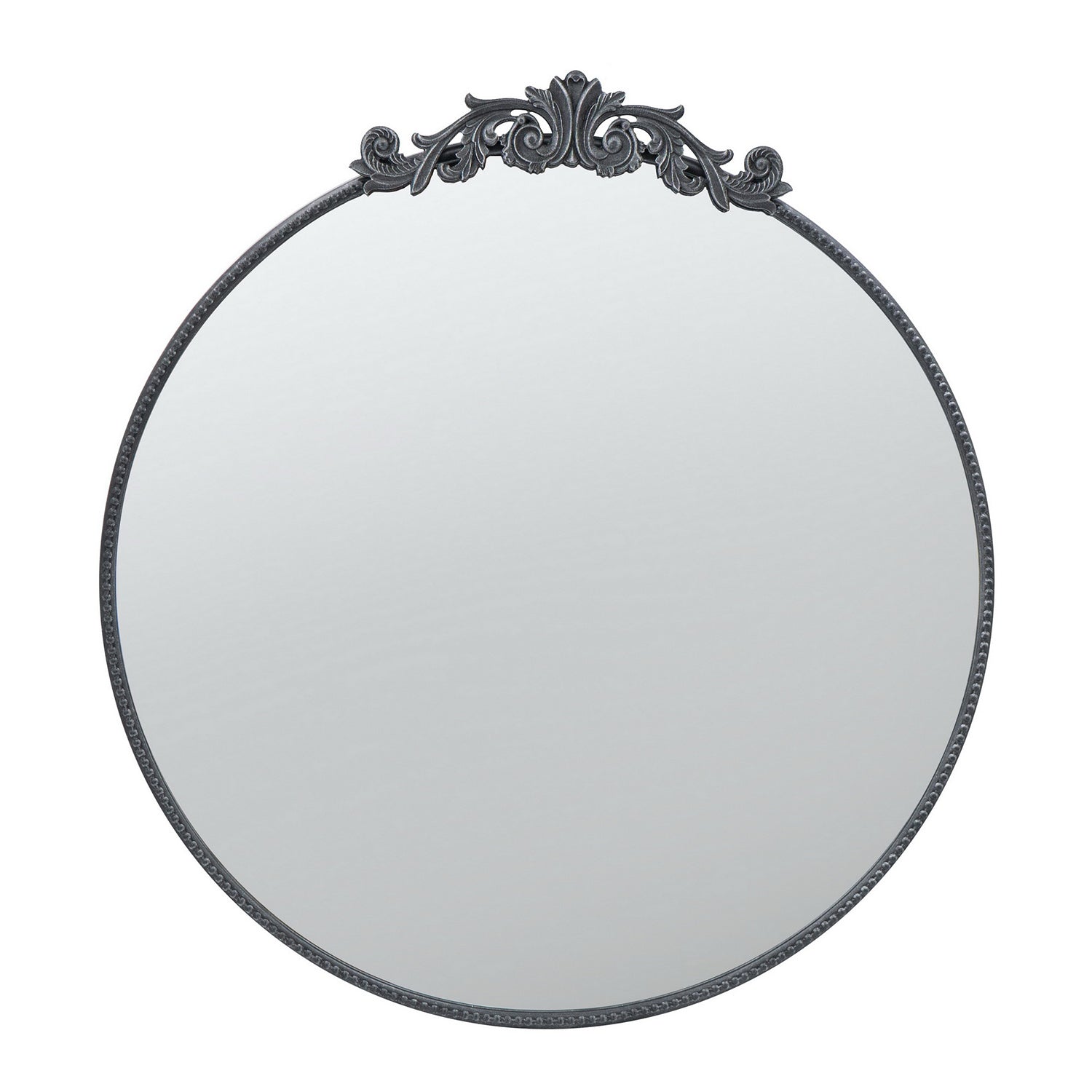 Design Republique Ember Large Round Black Mirror with an ornate decorative crest and slim black frame, shown against a white background.