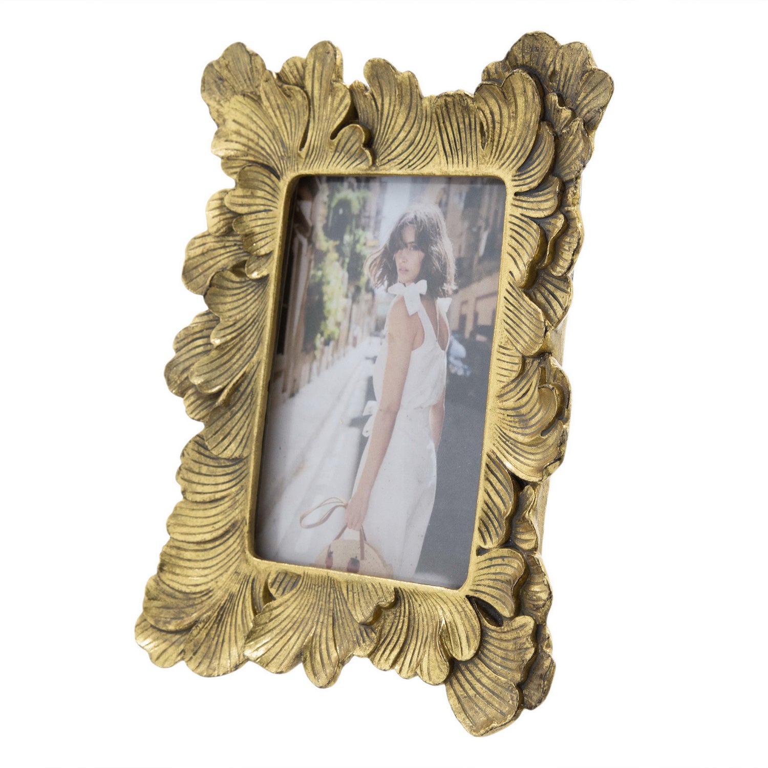 Design Republique Duchess Large Photo Frame in gold with an ornate leaf-inspired frame, shown displaying a portrait photograph.