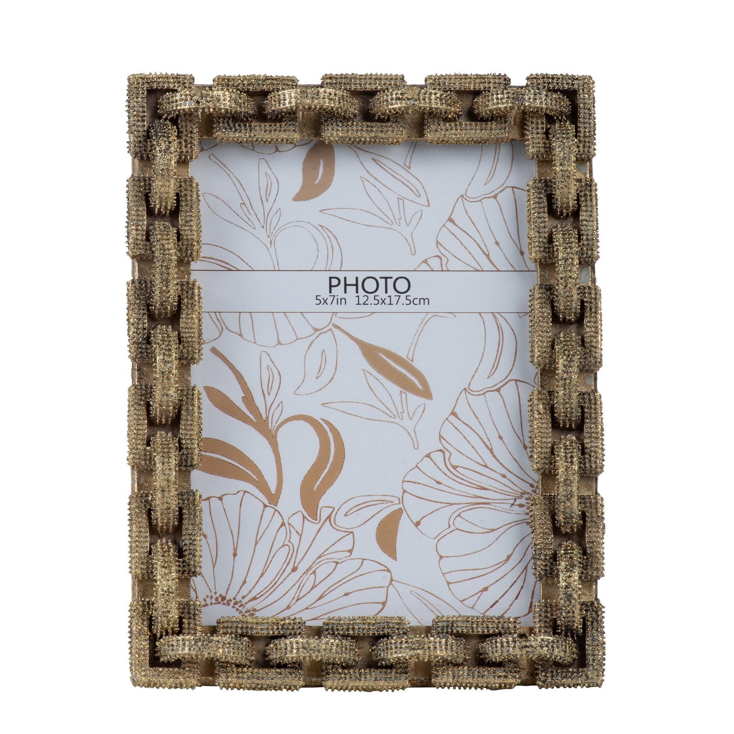 Design Republique Gold Knot Photo Frame with an intricate interlocking chain-link border in an antique gold finish, shown against a white background.