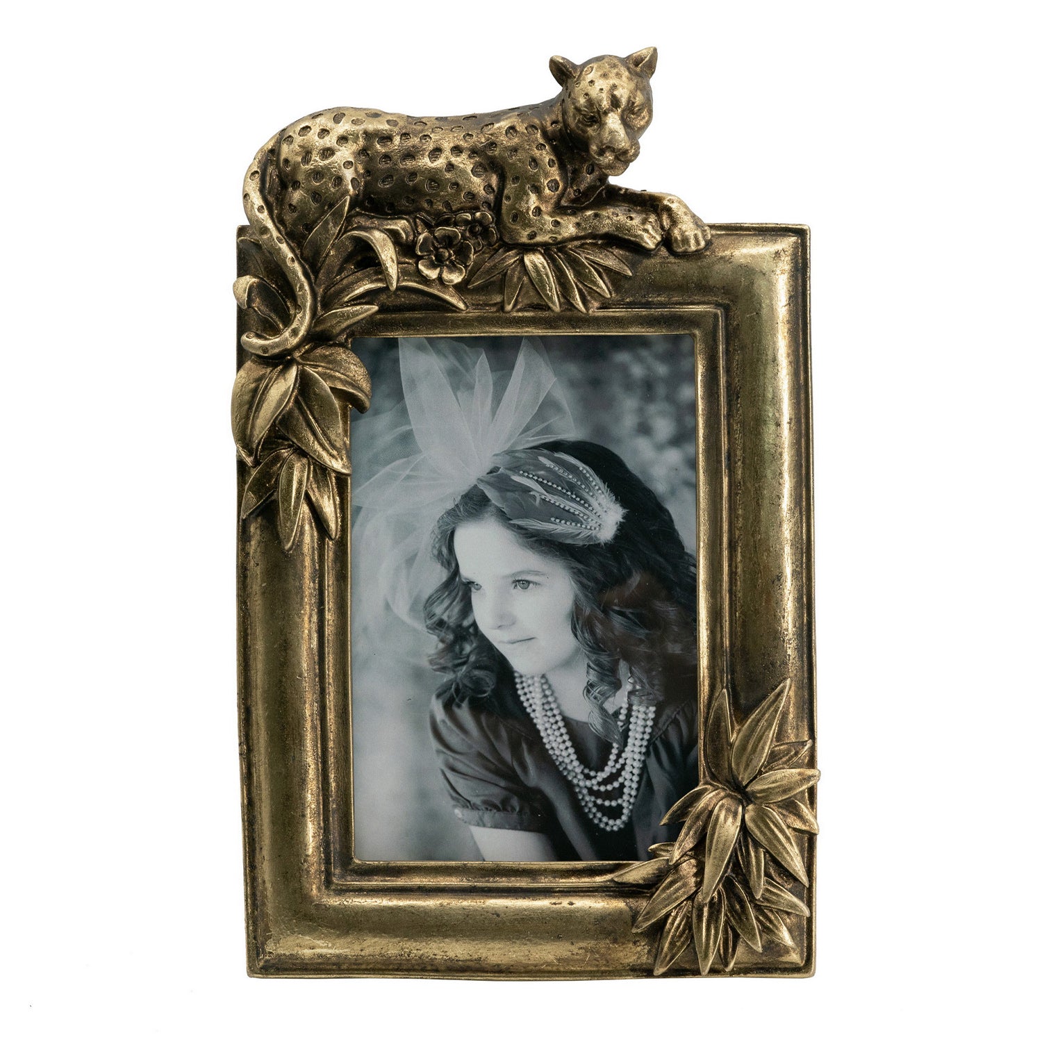 Design Republique Cheetah Gold Photo Frame featuring a reclining cheetah and botanical detailing in an antique gold finish, shown against a white background.