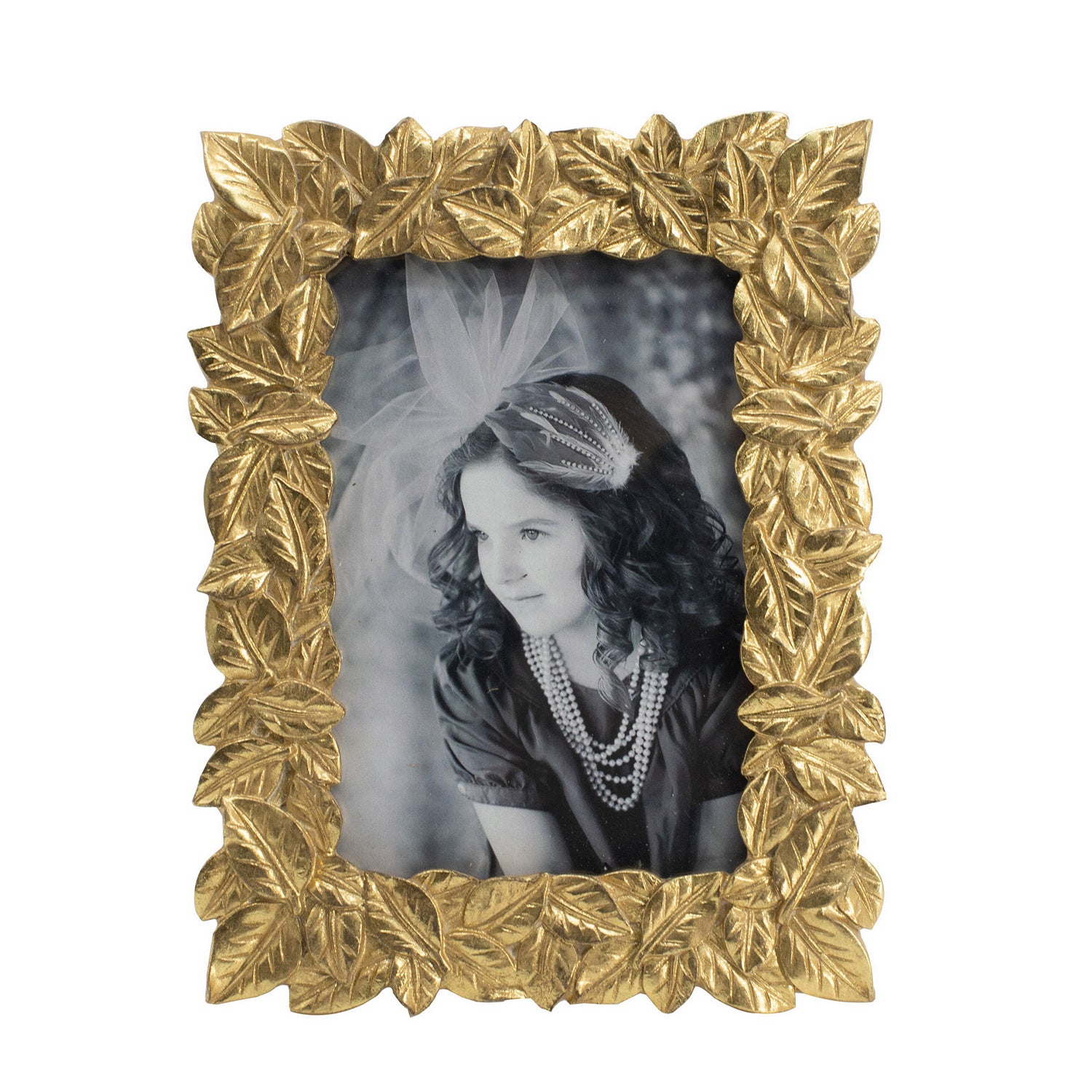 Design Republique Leaves Gold Photo Frame with an intricate leaf-pattern border in an antique gold finish, shown against a white background.