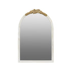 Front view of Gracious Living ornate gold trim arched mirror with a distressed white frame and gold floral detailing.