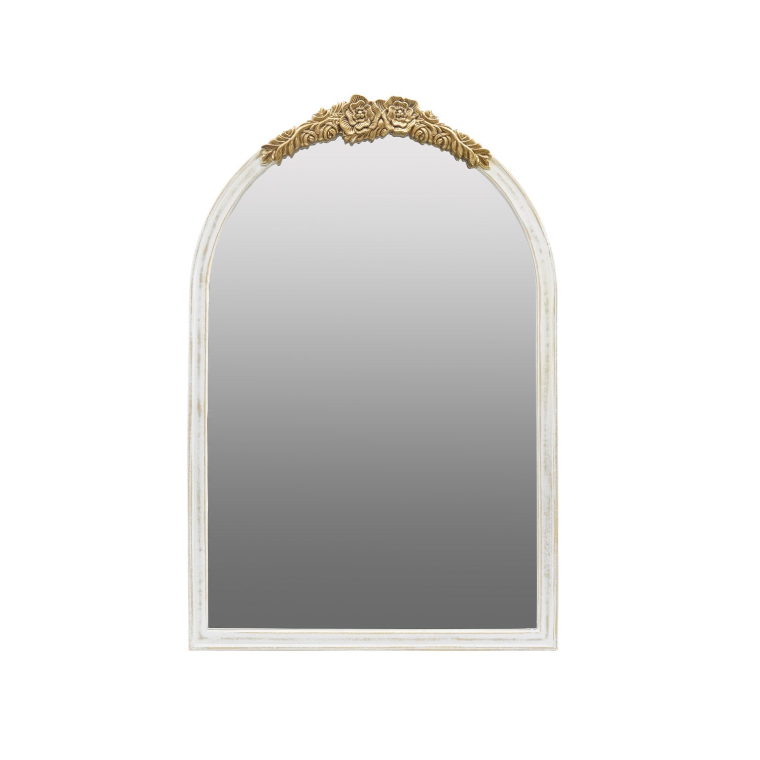 Front view of Gracious Living ornate gold trim arched mirror with a distressed white frame and gold floral detailing.