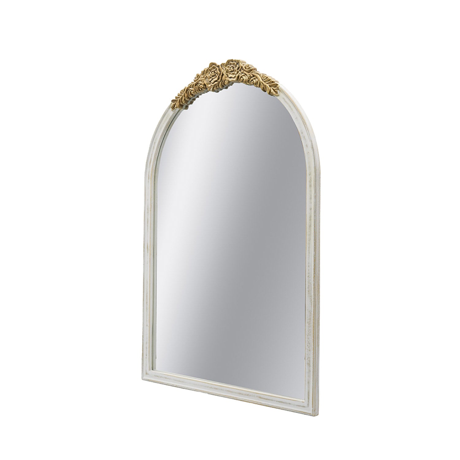 Angled view of Gracious Living ornate gold trim arched mirror showing the white frame and decorative gold floral crest.