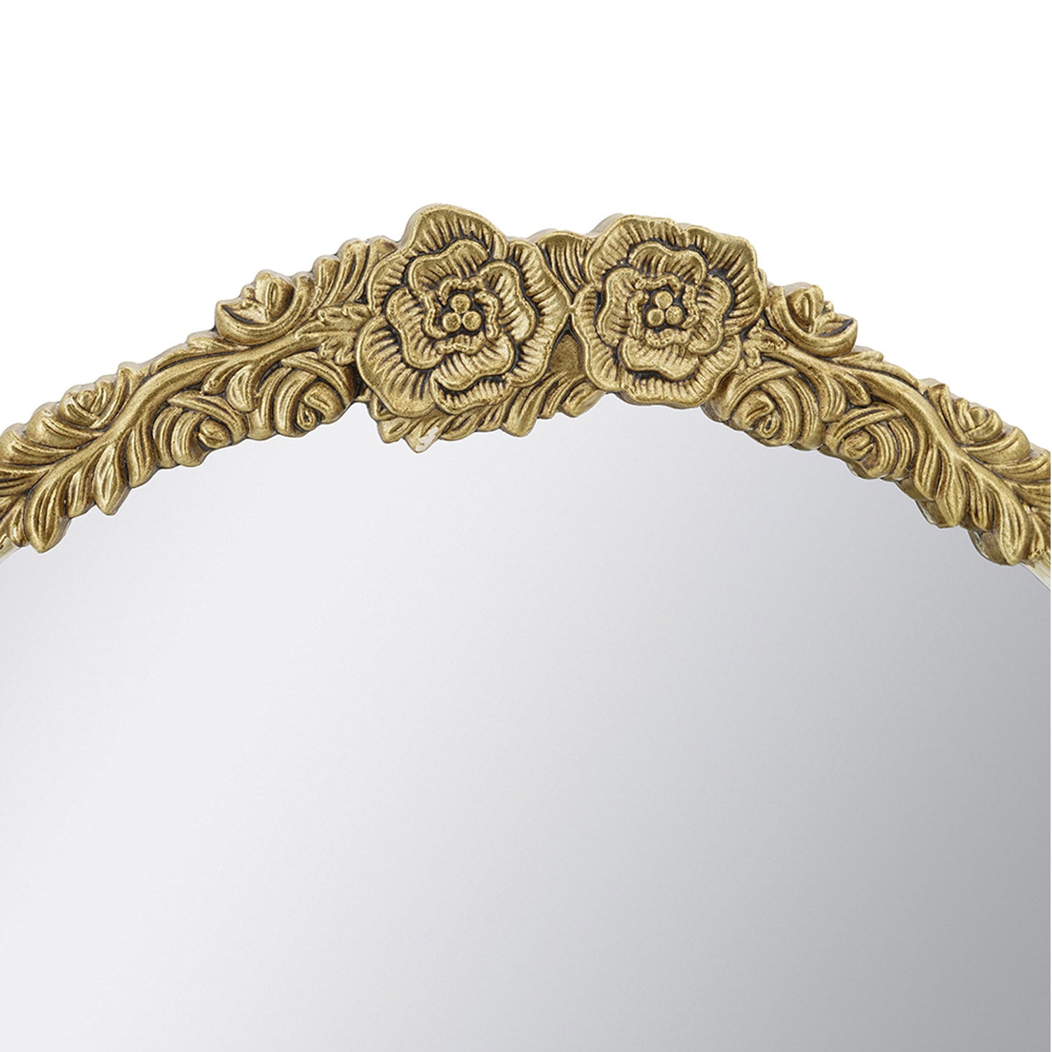Close-up of the ornate gold floral detailing at the top of the Gracious Living arched mirror.
