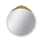 Front view of Gracious Living ornate gold trim round mirror with a distressed white frame and decorative gold floral crest.