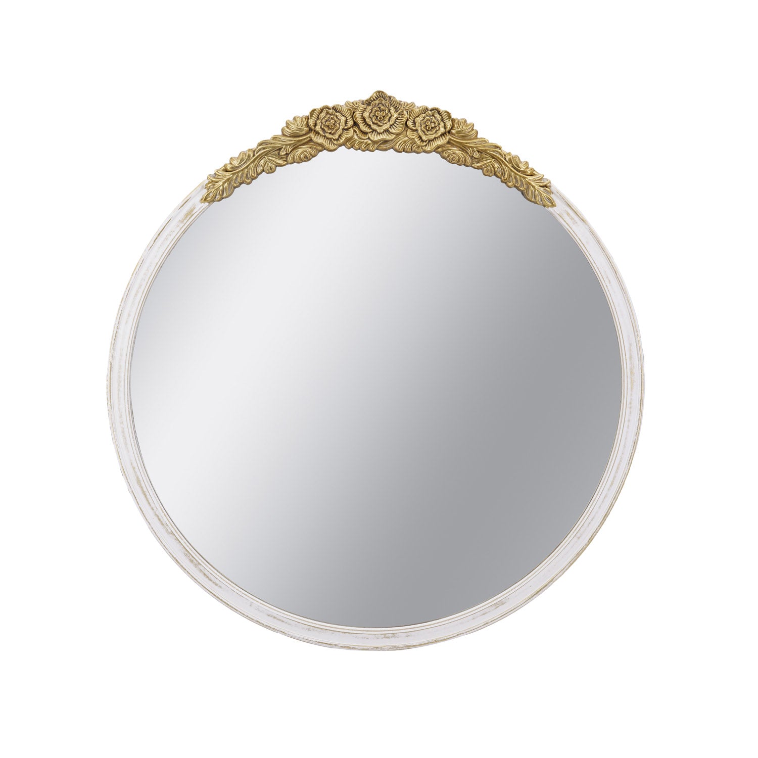 Front view of Gracious Living ornate gold trim round mirror with a distressed white frame and decorative gold floral crest.