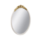 Angled view of Gracious Living ornate gold trim round mirror highlighting the raised floral detailing.