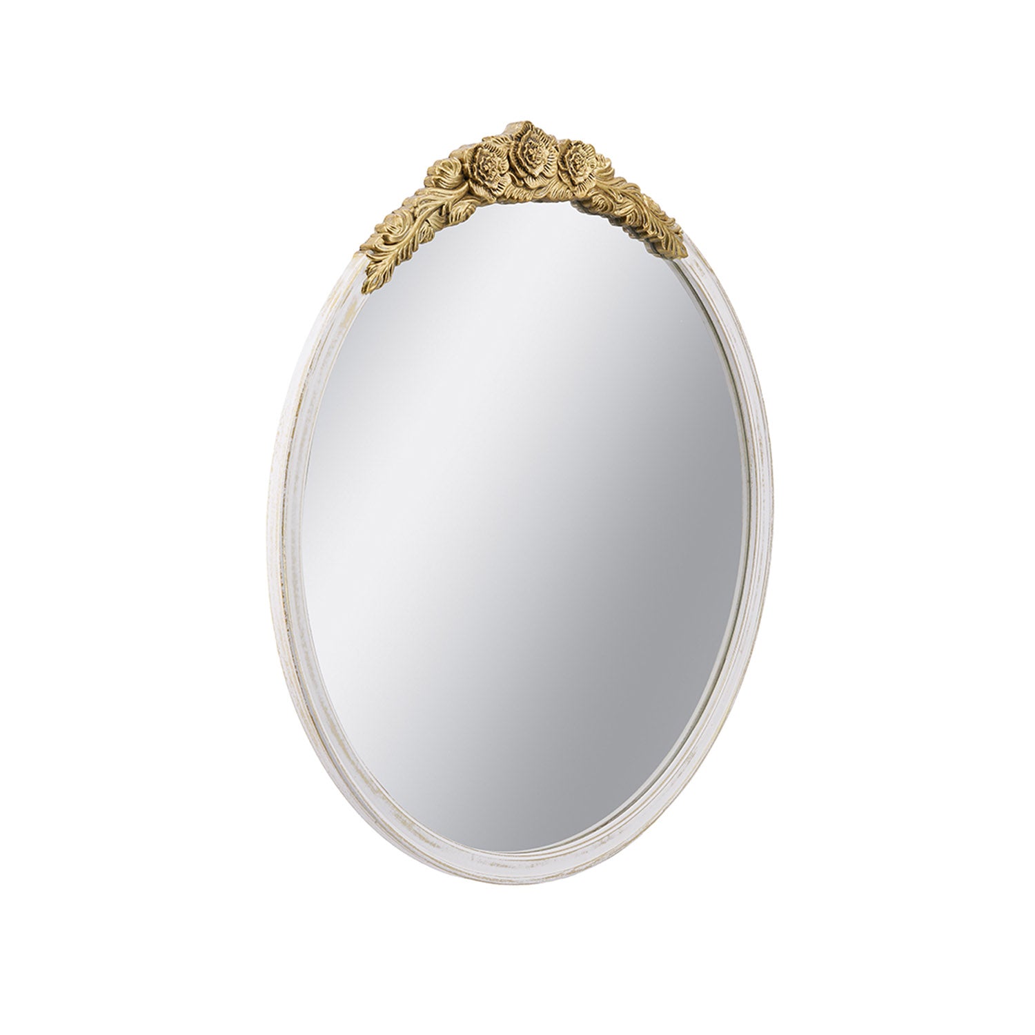 Angled view of Gracious Living ornate gold trim round mirror highlighting the raised floral detailing.