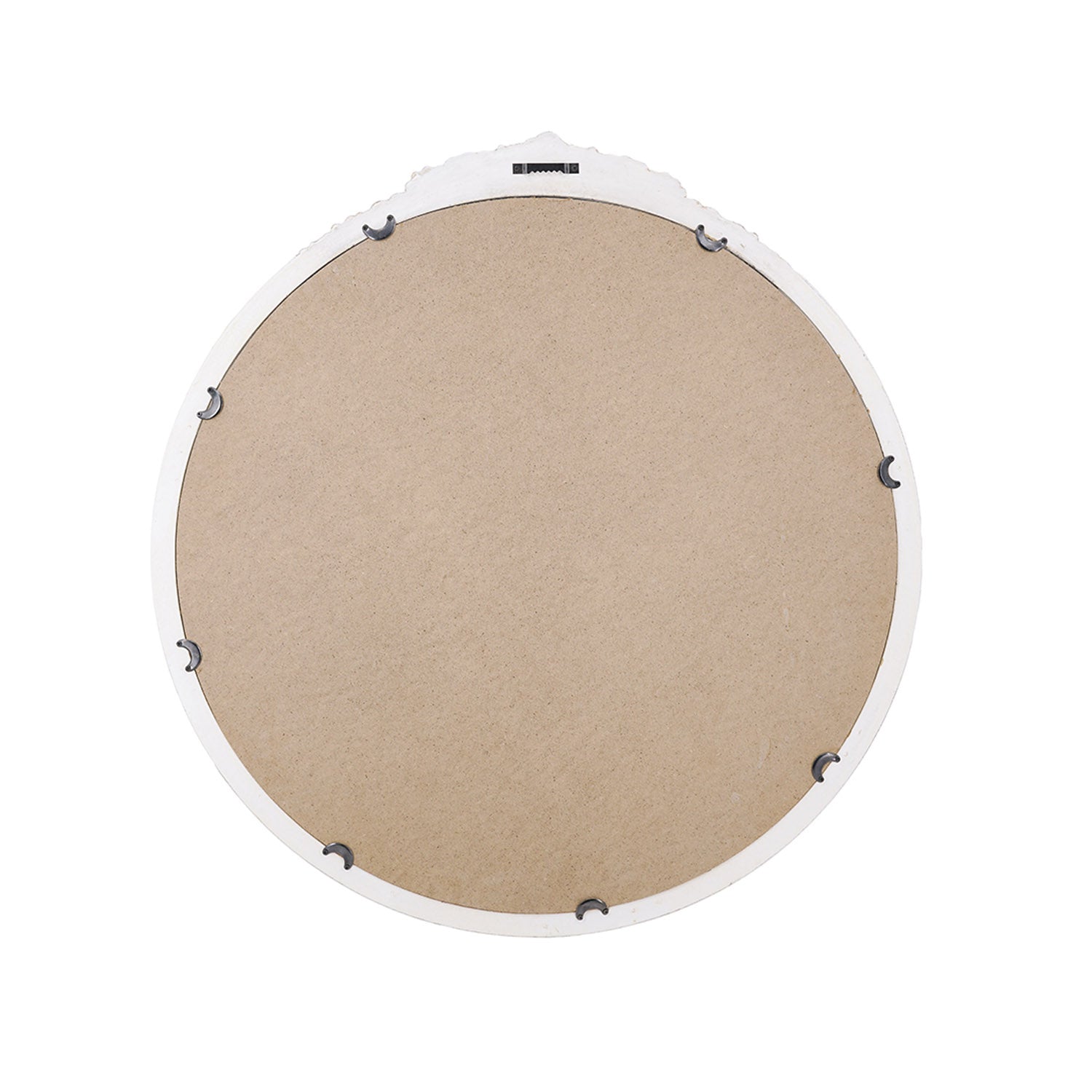Back view of Gracious Living ornate gold trim round mirror showing the backing and hanging hardware.