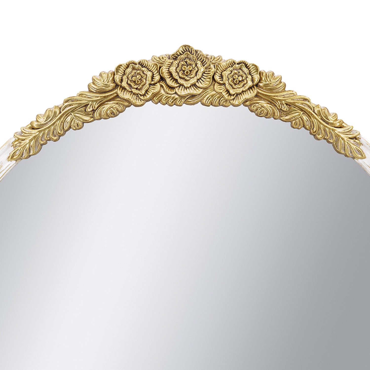 Close-up of the gold floral crest on the Gracious Living ornate round mirror.