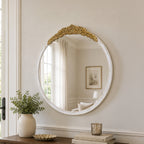 Gracious Living ornate gold trim round mirror displayed above a console table in a neutral interior setting.