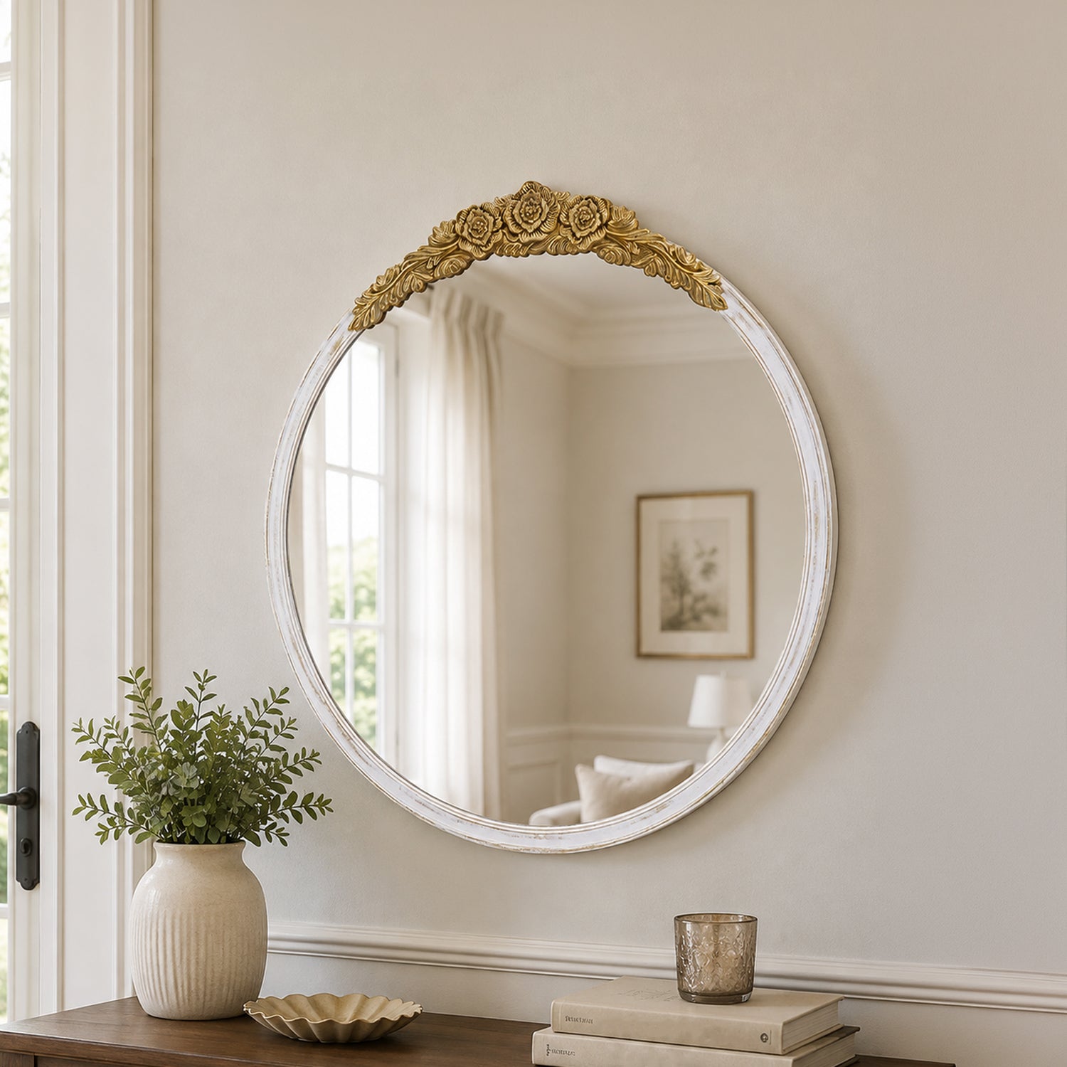 Gracious Living ornate gold trim round mirror displayed above a console table in a neutral interior setting.