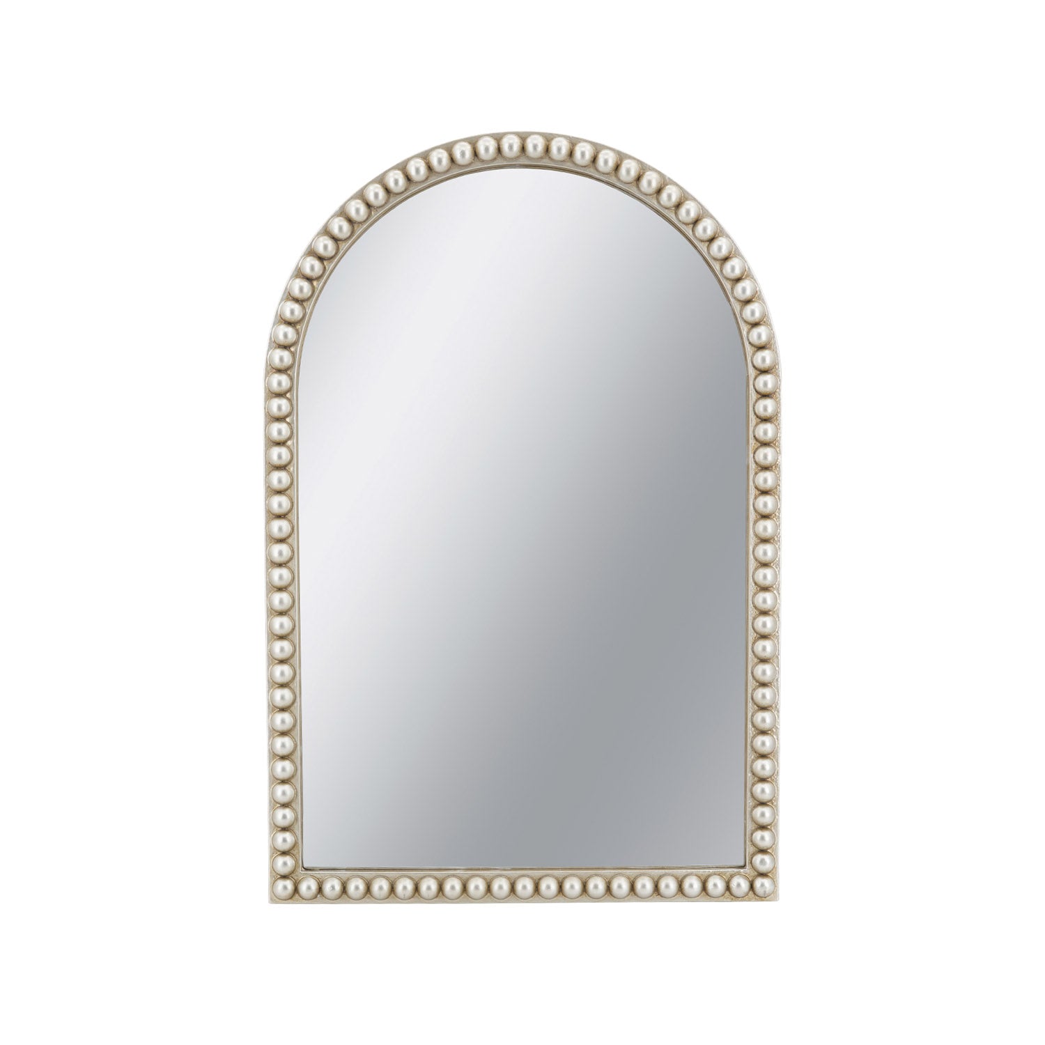 Front view of Cove knotted arched mirror with a white wash frame and rounded knot-style detailing.