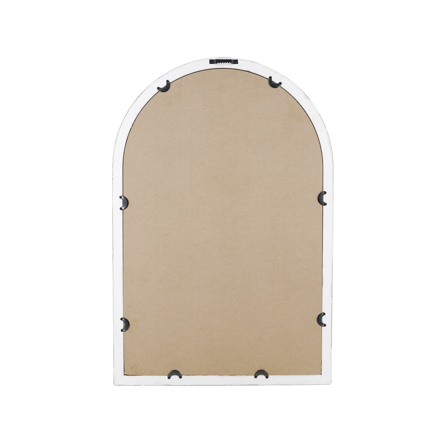 Back view of Cove knotted arched mirror showing the backing and wall hanging hardware.