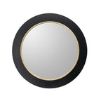 Design Plus Leona LED Mirror in black and gold, featuring a round reflective centre with a wide matte black frame and slim gold inner trim.
