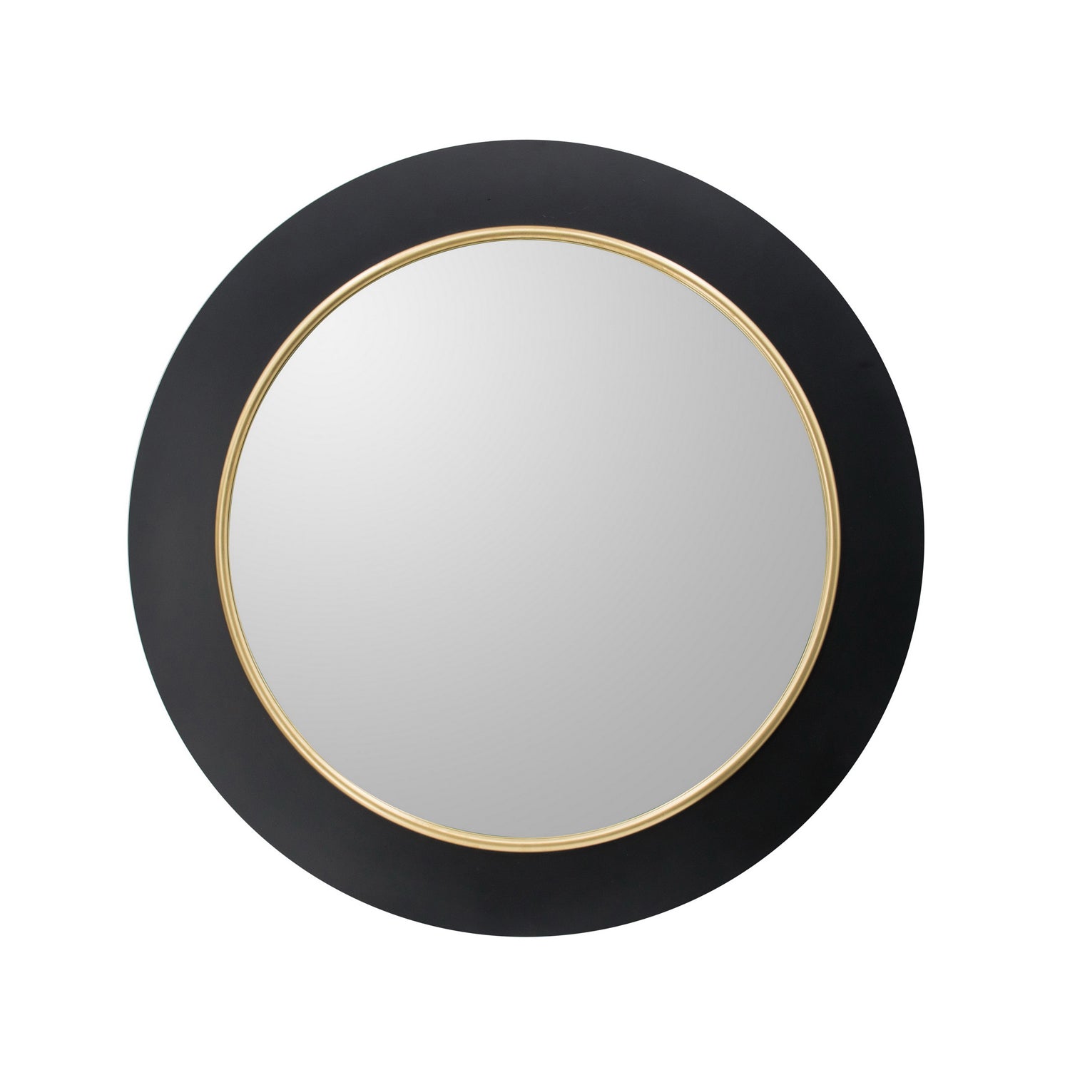 Design Plus Leona LED Mirror in black and gold, featuring a round reflective centre with a wide matte black frame and slim gold inner trim.