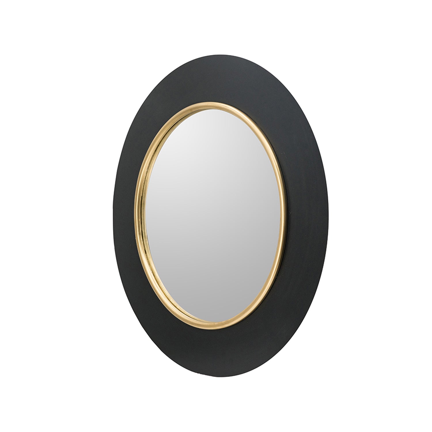 Side-angle view of the Design Plus Leona LED Mirror showing the round black frame, gold inner trim and raised mirror profile.