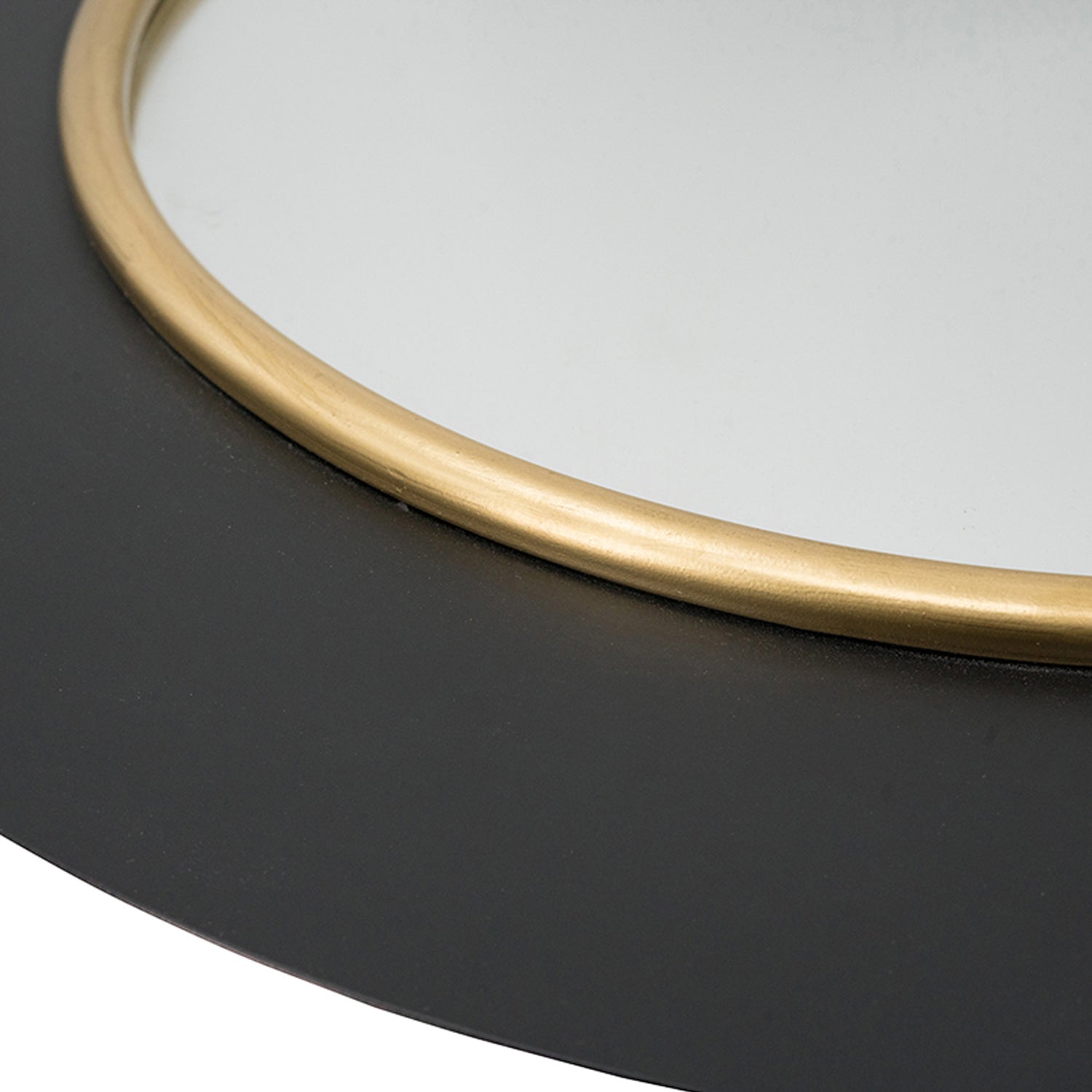 Close-up of the Design Plus Leona LED Mirror showing the gold inner trim, reflective mirror surface and matte black outer frame.