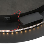 Close-up of the back of the Design Plus Leona LED Mirror showing the battery compartment, wiring, LED strip and on/off switch.
