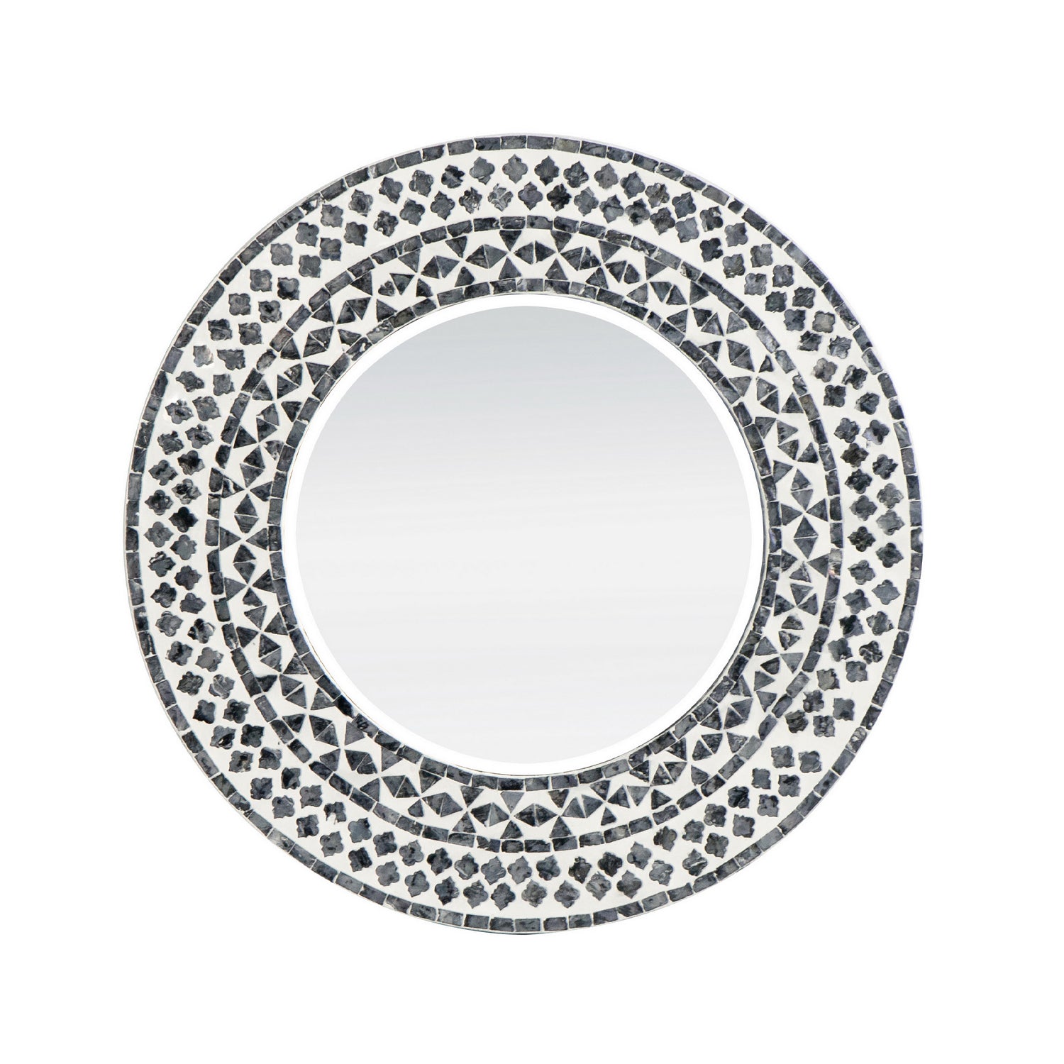 Design Republique Algaia Mirror featuring a round design with a grey and white geometric mosaic-style frame.