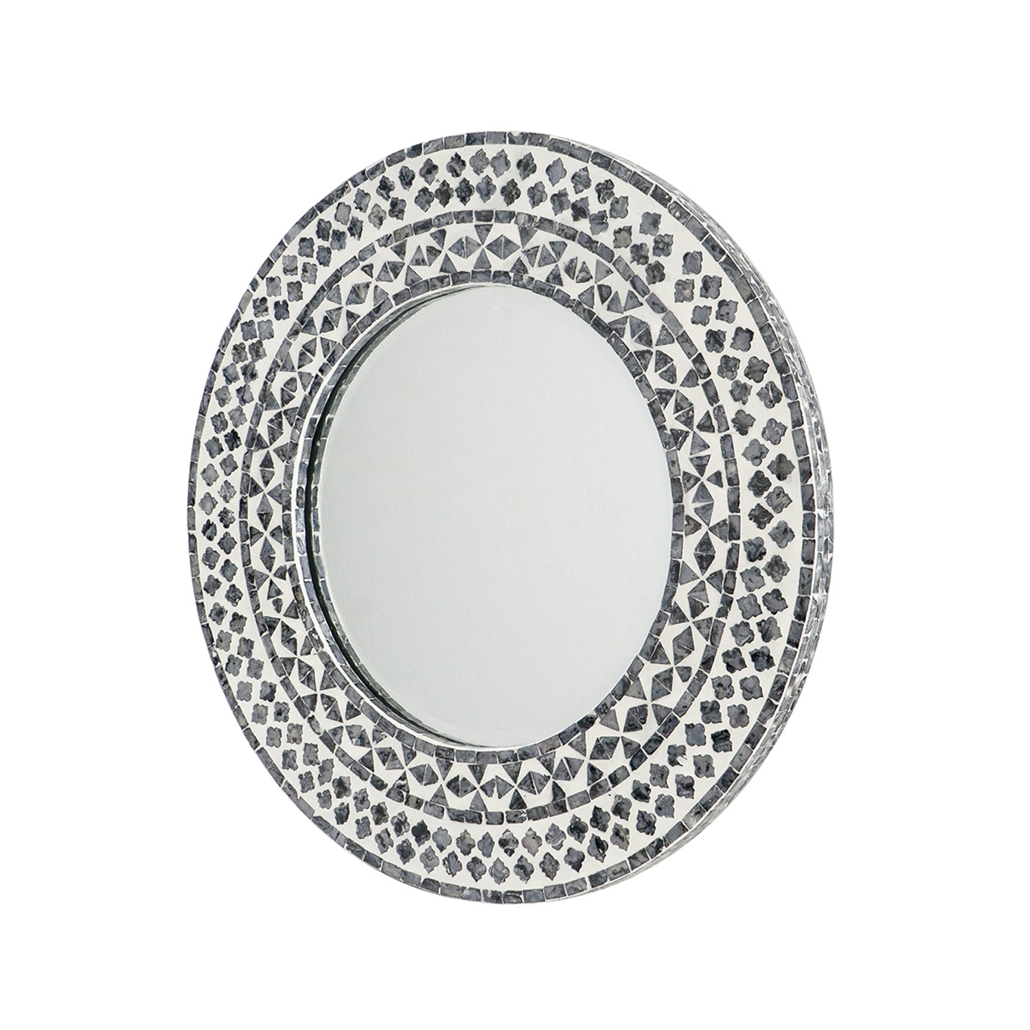 Angled view of the Design Republique Algaia Mirror showing the grey and white mosaic-style patterned frame and round reflective centre.
