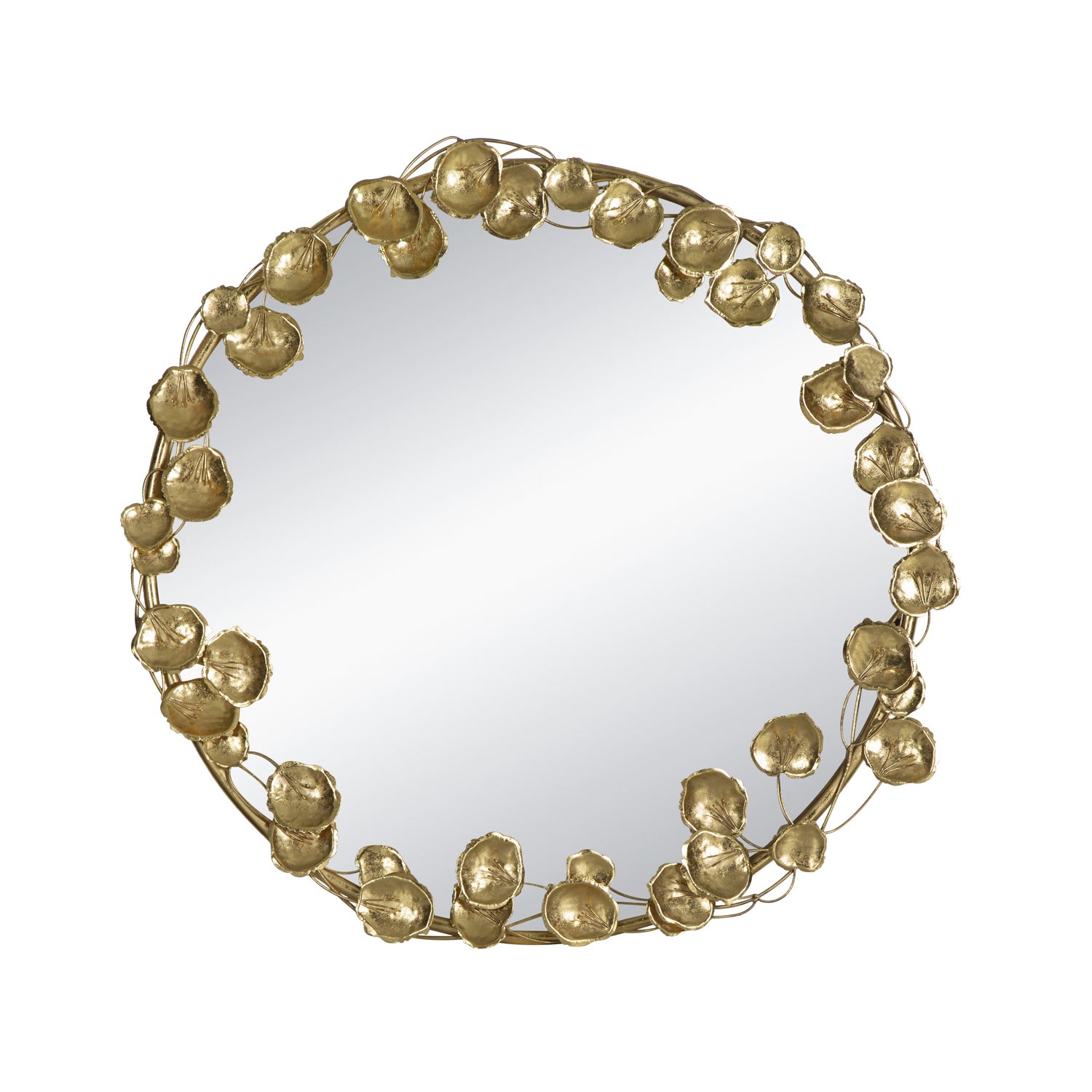 Gracious Living Gold Leaf Mirror featuring a round reflective centre framed with decorative gold metal leaves and curved stems.