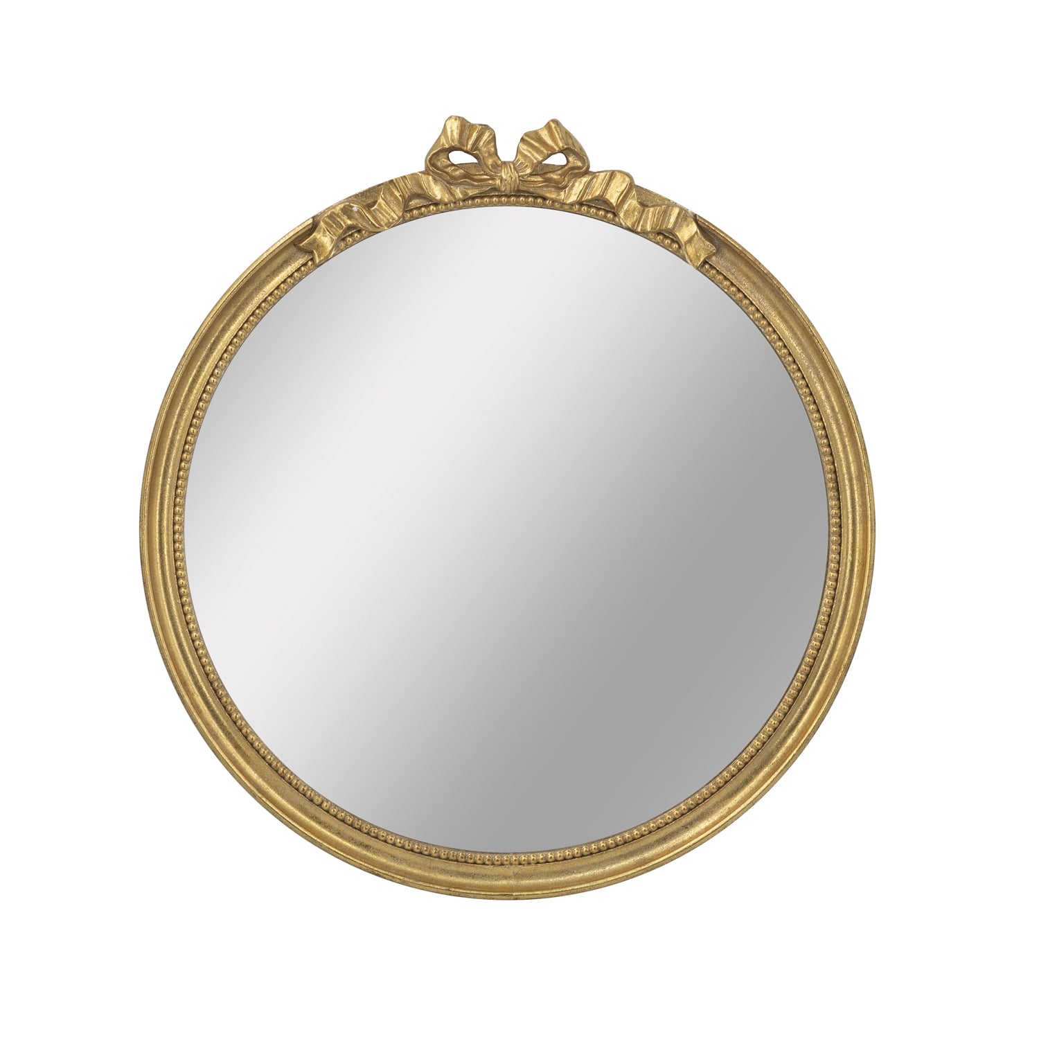 Gracious Living Bella Bow Mirror in gold, featuring a round reflective centre with a decorative bow and ribbon detail at the top.