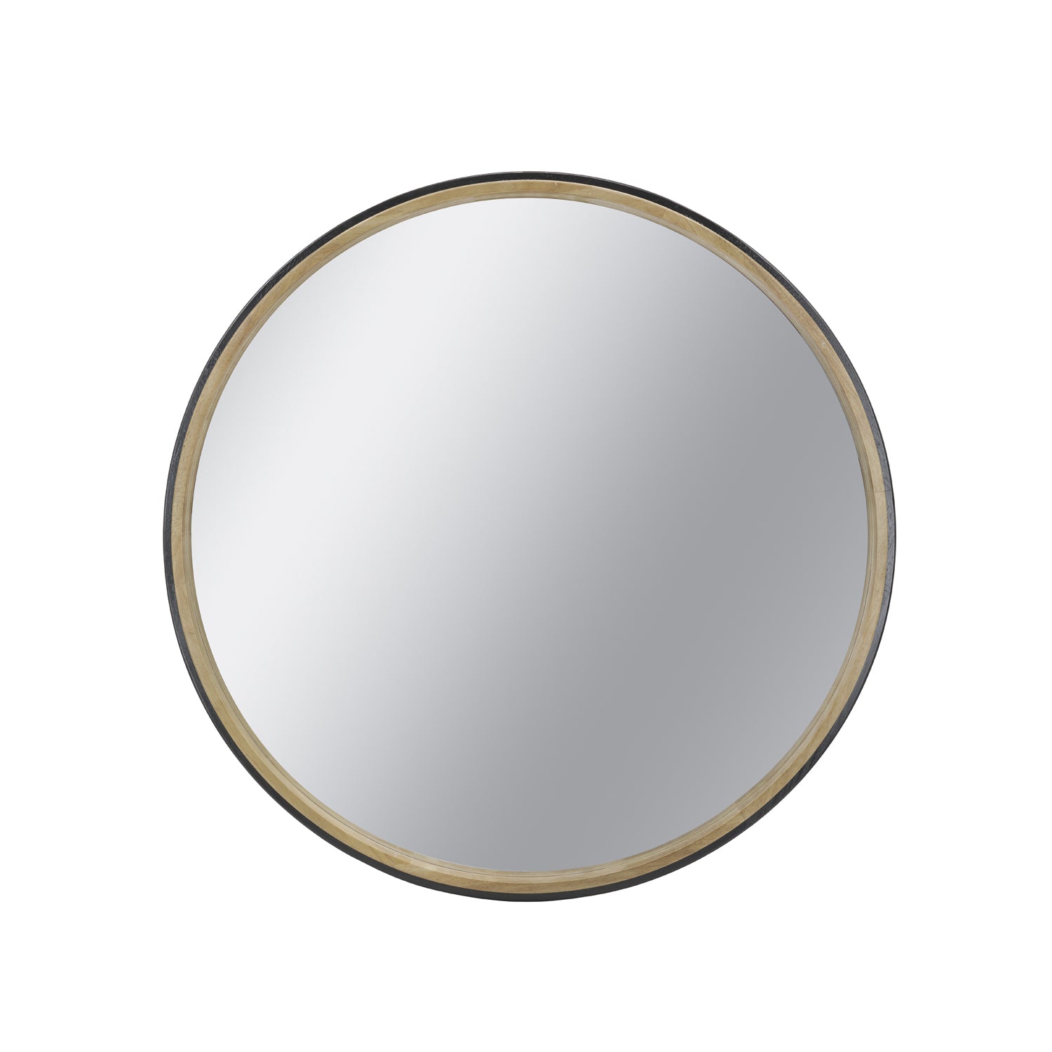 Design Republique Sienna Round Mirror featuring a circular reflective centre with a natural wood-look inner frame and slim black outer edge.