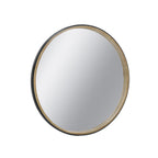 Angled view of the Design Republique Sienna Round Mirror showing the layered natural wood-look and black frame.